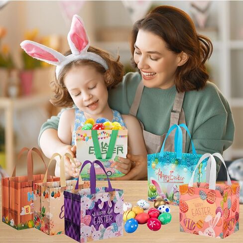 6 عبوات من حقائب هدايا عيد الفصح السعيدة بمقابض - حقيبة صيد بيض عيد الفصح قابلة لإعادة الاستخدام، حقائب هدايا عيد الفصح غير المنسوجة متعددة الوظائف لتغليف هدايا عيد الفصح، هدايا ومستلزمات الحفلات، 8.3 × 8 × 5.9 بوصة in Kuwait