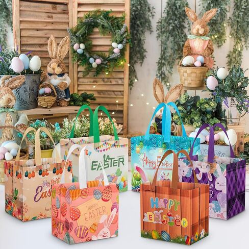 6 عبوات من حقائب هدايا عيد الفصح السعيدة بمقابض - حقيبة صيد بيض عيد الفصح قابلة لإعادة الاستخدام، حقائب هدايا عيد الفصح غير المنسوجة متعددة الوظائف لتغليف هدايا عيد الفصح، هدايا ومستلزمات الحفلات، 8.3 × 8 × 5.9 بوصة in Kuwait