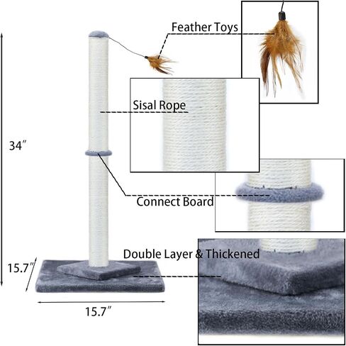 HUTPET بطول 34 بوصة لخدش القطط بقاعدة مزدوجة وتصميم معزز، وأشجار خدش السيزال مع ألعاب ريش للقطط الداخلية (بيج) in Kuwait