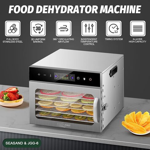 SEASAND Food Dehydrator Machine | 6 Stainless Steel Trays, Independently Control Temperature And Time, Rear-Mounted Fan, 24 Hours Timer - Used For Vegetables, Fruits, Meat, Pet Food in Saudi Arabia