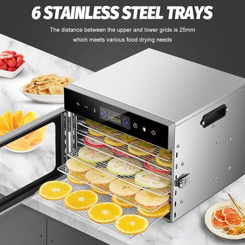 SEASAND Food Dehydrator Machine | 6 Stainless Steel Trays, Independently Control Temperature And Time, Rear-Mounted Fan, 24 Hours Timer - Used For Vegetables, Fruits, Meat, Pet Food in Saudi Arabia