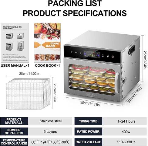 SEASAND Food Dehydrator Machine | 6 Stainless Steel Trays, Independently Control Temperature And Time, Rear-Mounted Fan, 24 Hours Timer - Used For Vegetables, Fruits, Meat, Pet Food in Saudi Arabia