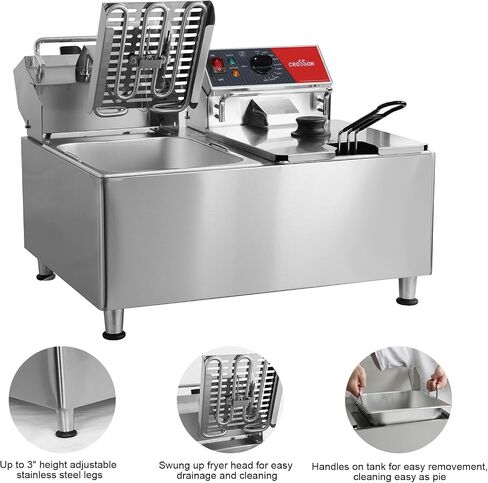 CROSSON ETL Listed 15Lbs Electric Deep Fryer with No-Assembling-Needed Solid Basket,Lid and Height Adjustable Legs for Restaurant Use,120V/1800W Commercial 8L Countertop Deep Fryer in Saudi Arabia