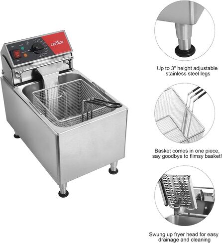 CROSSON ETL Listed 15Lbs Electric Deep Fryer with No-Assembling-Needed Solid Basket,Lid and Height Adjustable Legs for Restaurant Use,120V/1800W Commercial 8L Countertop Deep Fryer in Saudi Arabia