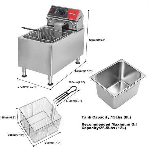 CROSSON ETL Listed 15Lbs Electric Deep Fryer with No-Assembling-Needed Solid Basket,Lid and Height Adjustable Legs for Restaurant Use,120V/1800W Commercial 8L Countertop Deep Fryer in Saudi Arabia