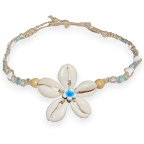 BlueRica Cowrie Shells Flower Pendant on Braided Hemp Cord Choker Necklace with Puka Shell Beads