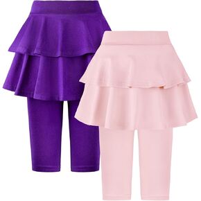 ONESING 3 Pack Girls Knee Length Leggings with Skirt Stretchy Kids Summer Pants for Girls 4-11 Years