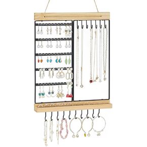 Feyejade Hanging Jewelry Organizer, 6-Tier Wall Earring Holder with Wooden Ring Groove, Jewelry Rack Wall Mounted for Earrings, Necklaces, Bracelets and Rings, Jewelry Holder Stand