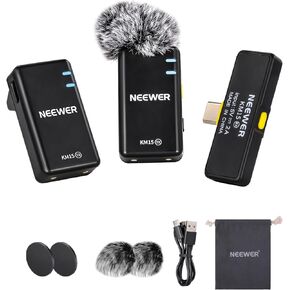 Neewer Wireless Microphone Kit for iPhone 15 Series Android Phone, Noise Cancelling Lapel Lavalier Microphone with Type C Receiver & Charging Case, Clip on Mini Lav Mic for Video Recording, KM15