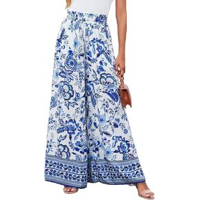 YOCUR Women Summer Beach Vacation Pants High Waisted Wide Leg Pants Printed Loose Flowy Palazzo Lounge Trousers