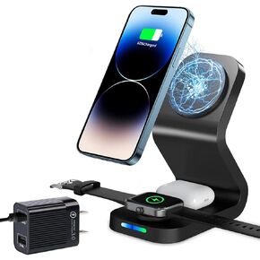3-in-1 Magnetic Wireless Charger Stand, 15W Fast Wireless Charging Station for MagSafe Charger, Charging Stand Dock for Apple iPhone 14/13/12/Pro/Pro Max/iWatch Series/AirPods 2/ Pro