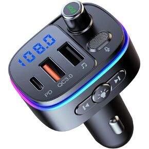 Bluetooth 5.0 Car FM Transmitter, Quick Charge QC3.0 + PD, Handsfree Call, Bluetooth FM Transmitter, HiFi Stereo Music, USB Disk Plug & Play,car mp3 Adapter Dual Fast Charger