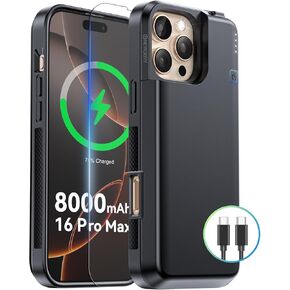 NEWDERY Upgraded Battery Case for iPhone 16 Pro Max, 8000mAh USB-C Portable Power Bank, CarPlay, Sync Data Supported, Rechargeable Charger Case Compatible with iPhone 16 Pro Max 6.9", Black