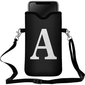 Men Women Universal Neoprene Cell Phone Pouch Sleeve 7.5 X 4.3 in Smart Mobile Protection Case Bag with Crossbody Strap/Neck Lanyard Privacy Case Covers Letter A