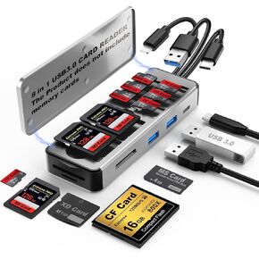 7-in-1 Memory Card Reader,Aluminum Multi Memory Card Carrying Case Holder SD/TF/CF/MS/XD/USB*2 Port Card Reader Adapter for Phone/Pad USB C and USB A Devices,No Application Required Plug and Play