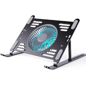 Aluminum Laptop Cooling Stand with Fan, Adjustable Laptop Stand for Desk, Portable Travel Notebook Stand Compatible with 10-15.6" Laptops and Tablets (Black)