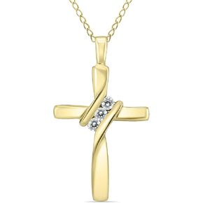 AGS Certified Three Stone Diamond Cross Pendant Available in 10K White and Yellow Gold
