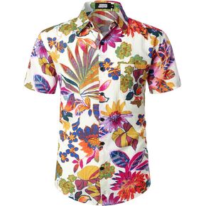 JOGAL Men's Flower Short Sleeve Button Down Hawaiian Shirt