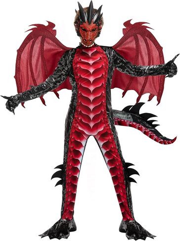 زي تنين تنين أسود وأحمر للأطفال من شركة Spooktacular Creations، مجموعة أجنحة تنين للأولاد وذيل وقناع لملابس الهالوين in Kuwait