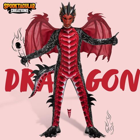 زي تنين تنين أسود وأحمر للأطفال من شركة Spooktacular Creations، مجموعة أجنحة تنين للأولاد وذيل وقناع لملابس الهالوين in Kuwait
