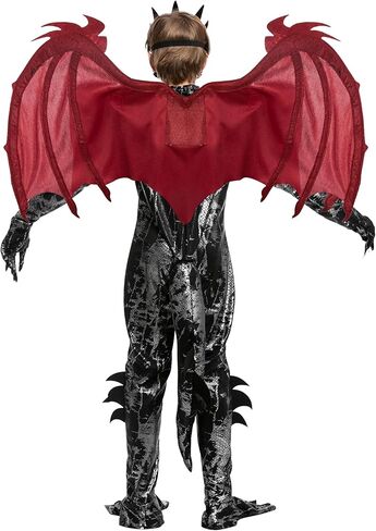 زي تنين تنين أسود وأحمر للأطفال من شركة Spooktacular Creations، مجموعة أجنحة تنين للأولاد وذيل وقناع لملابس الهالوين in Kuwait