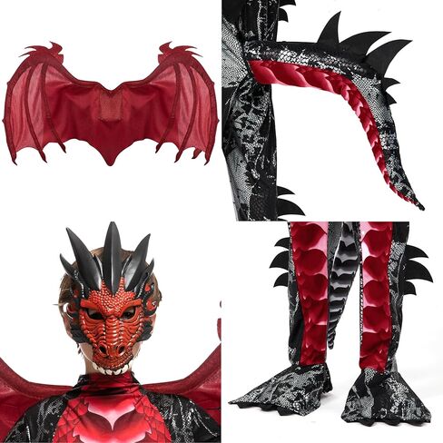 زي تنين تنين أسود وأحمر للأطفال من شركة Spooktacular Creations، مجموعة أجنحة تنين للأولاد وذيل وقناع لملابس الهالوين in Kuwait