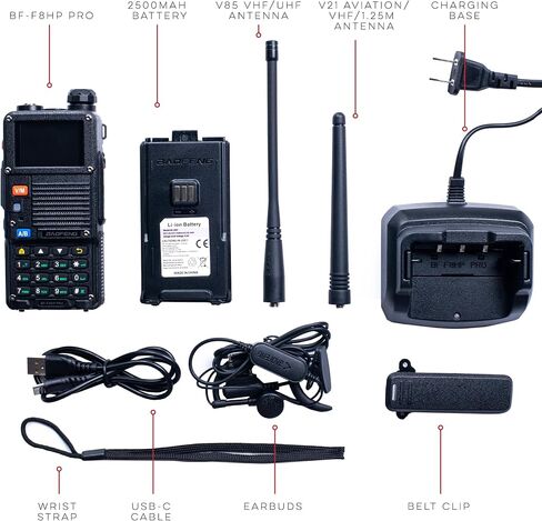 راديو BAOFENG BF-F8HP PRO (UV-5R الجيل السابع) 8 وات ثلاثي الموجات ثنائي الاتجاه - VHF/1.25M/UHF، IP54، 1000 قناة، نظام تحديد المواقع العالمي (GPS)، ماسح ضوئي لنطاق الطيران، وضع الطقس NOAA، بطارية قابلة لإعادة الشحن USB-C in Saudi Arabia