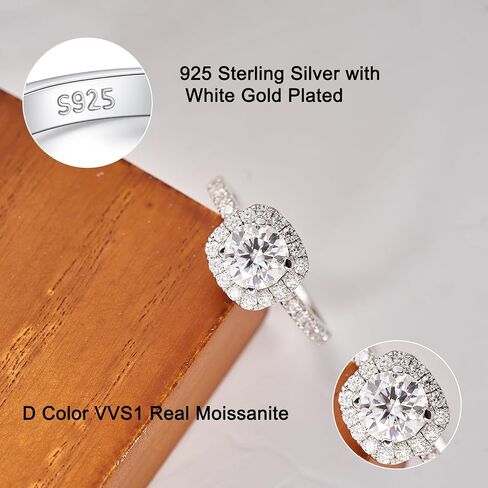 Jansme 1.5ct Cushion Cut Halo Moissanite Engagement Rings for Women Half Eternity 925 Sterling Silver Firmly Fixed By 4 Prongs Brilliant Solitaire Square Real Moissanite Engagement Rings Size 4-11 in Saudi Arabia