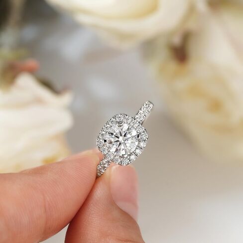 Jansme 1.5ct Cushion Cut Halo Moissanite Engagement Rings for Women Half Eternity 925 Sterling Silver Firmly Fixed By 4 Prongs Brilliant Solitaire Square Real Moissanite Engagement Rings Size 4-11 in Saudi Arabia