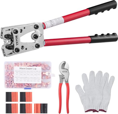 أداة تجعيد عروة كابل بطارية VEVOR، 10-1/0AWG مع قاطع كابل و95 قطعة من أطراف الحلقة النحاسية، و100 قطعة من أنابيب الانكماش الحراري و6 قوالب تجعيد بأحجام الأسلاك، لعروات الأسلاك شديدة التحمل in Saudi Arabia