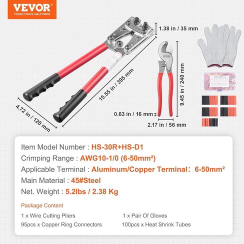 أداة تجعيد عروة كابل بطارية VEVOR، 10-1/0AWG مع قاطع كابل و95 قطعة من أطراف الحلقة النحاسية، و100 قطعة من أنابيب الانكماش الحراري و6 قوالب تجعيد بأحجام الأسلاك، لعروات الأسلاك شديدة التحمل in Saudi Arabia