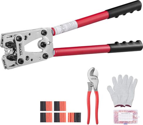 أداة تجعيد عروة كابل بطارية VEVOR، 10-1/0AWG مع قاطع كابل و95 قطعة من أطراف الحلقة النحاسية، و100 قطعة من أنابيب الانكماش الحراري و6 قوالب تجعيد بأحجام الأسلاك، لعروات الأسلاك شديدة التحمل in Saudi Arabia