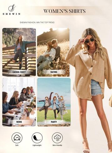 SHEWIN Womens Waffle Knit Button Down Shirts Casual Long Sleeve Shacket Jacket Boyfriend Tops Blouses Loose Fit in Kuwait