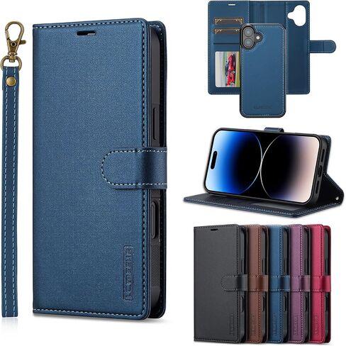 HAII for iPhone 16 Case, 2 in1 Multifunctional Detachable Wallet Phone Case for Men Women with RFID Blocking Card Holder Wrist Strap Shockproof Protective Case for iPhone 16 (Blue) in Saudi Arabia