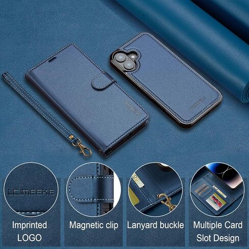 HAII for iPhone 16 Case, 2 in1 Multifunctional Detachable Wallet Phone Case for Men Women with RFID Blocking Card Holder Wrist Strap Shockproof Protective Case for iPhone 16 (Blue) in Saudi Arabia