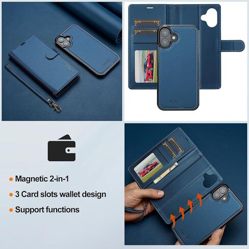 HAII for iPhone 16 Case, 2 in1 Multifunctional Detachable Wallet Phone Case for Men Women with RFID Blocking Card Holder Wrist Strap Shockproof Protective Case for iPhone 16 (Blue) in Saudi Arabia