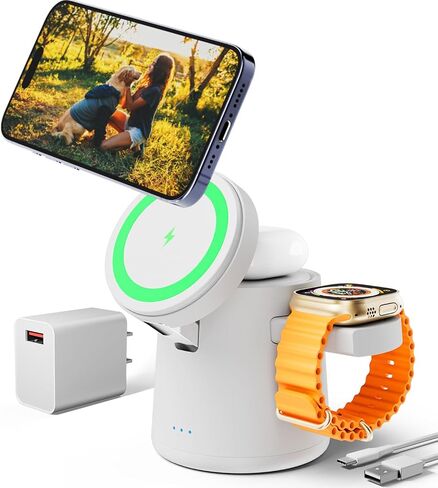 2025 ترقية محطة شحن 3 في 1 لشاحن Apple MagSafe، حامل شحن لاسلكي محمول قابل للتعديل، قاعدة شحن لاسلكية سريعة لهاتف iPhone 16 15 14 13 12 Pro Max وApple Watch AirPods (أبيض) in Saudi Arabia