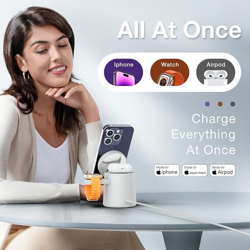 2025 ترقية محطة شحن 3 في 1 لشاحن Apple MagSafe، حامل شحن لاسلكي محمول قابل للتعديل، قاعدة شحن لاسلكية سريعة لهاتف iPhone 16 15 14 13 12 Pro Max وApple Watch AirPods (أبيض) in Saudi Arabia