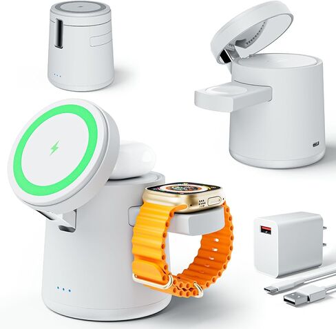 2025 ترقية محطة شحن 3 في 1 لشاحن Apple MagSafe، حامل شحن لاسلكي محمول قابل للتعديل، قاعدة شحن لاسلكية سريعة لهاتف iPhone 16 15 14 13 12 Pro Max وApple Watch AirPods (أبيض) in Saudi Arabia