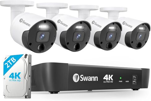 نظام أمان Swann Camera 4K Ultra HD - 8 قنوات NVR، 2 تيرابايت HDD، 4 كاميرات رصاصة، رؤية ليلية، تنبيهات ذكية، IP66 مقاوم للطقس - حل مراقبة كامل للمنزل والأعمال in Kuwait
