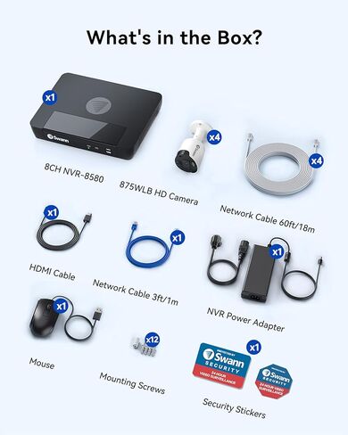 نظام أمان Swann Camera 4K Ultra HD - 8 قنوات NVR، 2 تيرابايت HDD، 4 كاميرات رصاصة، رؤية ليلية، تنبيهات ذكية، IP66 مقاوم للطقس - حل مراقبة كامل للمنزل والأعمال in Kuwait