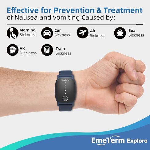 EmeTerm Explore - سوار معصم Galaxy Black مضاد للغثيان حاصل على موافقة إدارة الغذاء والدواء الأمريكية (IP67)، مقاوم للماء أثناء السفر، غثيان السفر، تخفيف القيء، قابل لإعادة الشحن، تصميم حزام كلاسيكي، لا يوجد جل خالٍ من المخدرات بدون آثار جانبية in Kuwait