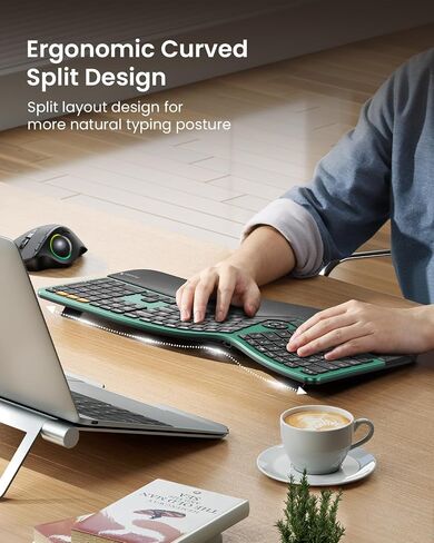 ProtoArc Backlit Wireless Ergonomic Keyboard, EK01 Plus Full Size Ergo Keyboard with Wrist Rest, Split Design, Rechargeable, Bluetooth and USB, Natural Typing Compatible with Windows/Mac/Android,Green in Kuwait