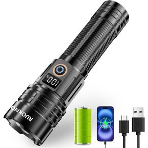 Rechargeable Flashlights High Lumens with LED Digital Display Adjustable Focus Super Bright Waterproof Durable Flash Light Tactical Flashlight for Home Outdoor Camping Emergency
