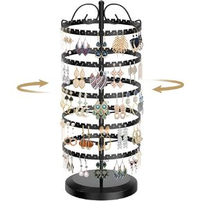 LASZOLA 5 Tiers Metal Earring Holder Organizer, Stable Rotating Jewelry Display Stand for Women Girls, 400 Holes and Grooves Earring Spin Table Rack Tower Tree for Necklace Bracelet Ring - Black