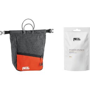 Petzl SAKAB Chalk Bag with Power Crunch Chalk (200g) - Large, Roll-Top Bouldering Chalk Bucket - Grey