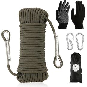 10.5mm Climbing Rope for Adults | Polyester Rappelling Rope - 98ft Static Climbing Rope with 2 Steel Hooks - Safety Rescue Rope with Non-Slip Gloves - Outdoor Rock Climbing Rope for Hiking Safety