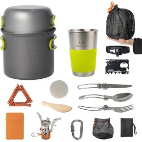 Camping Cookware Mess Kit, 16 pcs Backpacking Cooking Set, Lightweight Camping Pots and Stove Set for 1-2 Person, Outdoor Cooking Gear Ideal for Camping, Hiking, Backpacking and Picnic