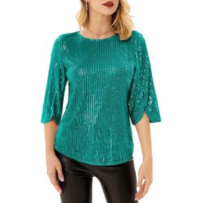 Women's Sparkle Sequin Party Blouse Tops Shimmer Glitter 3/4 Slit Sleeve Dressy Tops