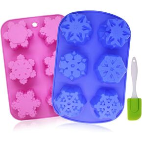 6-Cavity Snowflakes Silicone Cake Mold, YuCool 2 Pack Non-Stick Christmas Baking Tray with Silicone Scraper, DIY Muffin Chocolate Ice Cubes Soap, Oven-Microwave-Freezer-Dishwasher Safe